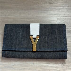 Saint Laurent Denim White leather Clutch  Gold Accent interior Ginuwine suede👖💙
